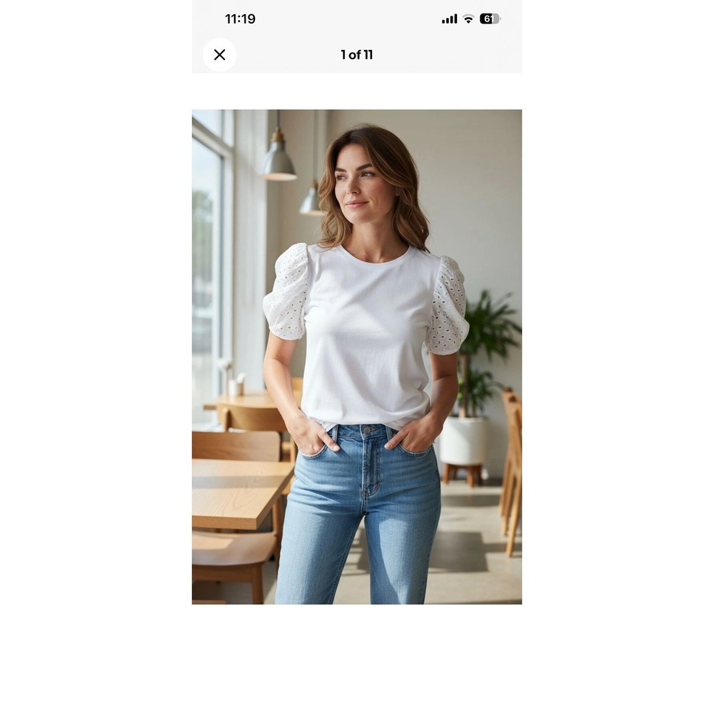 NWT Womens White Eyelet Puff Sleeve blouse Romantic Cottagecore Feminine classic